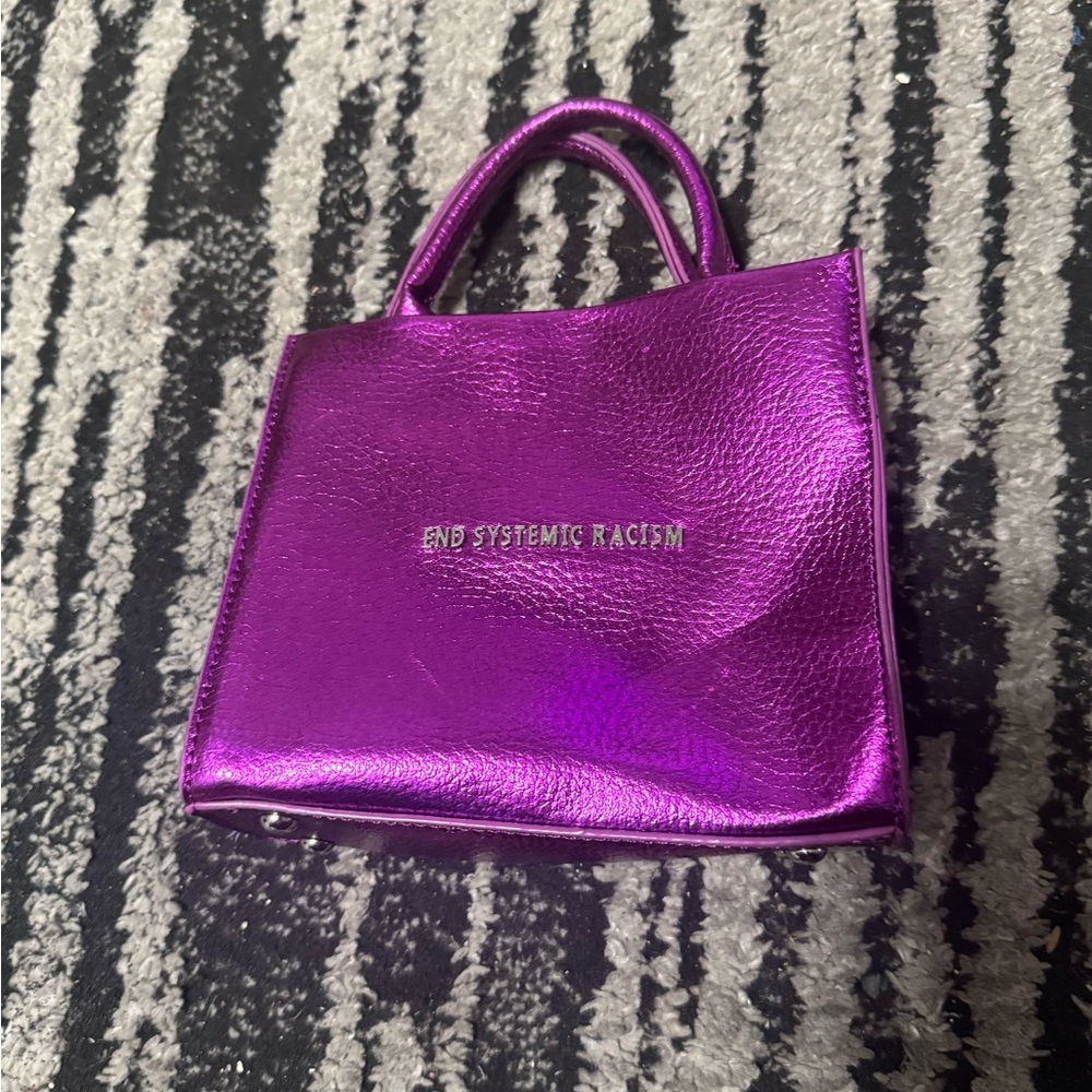 Brandon Blackwood Metallic Purple Mini Tote with 'End Systemic Racism'